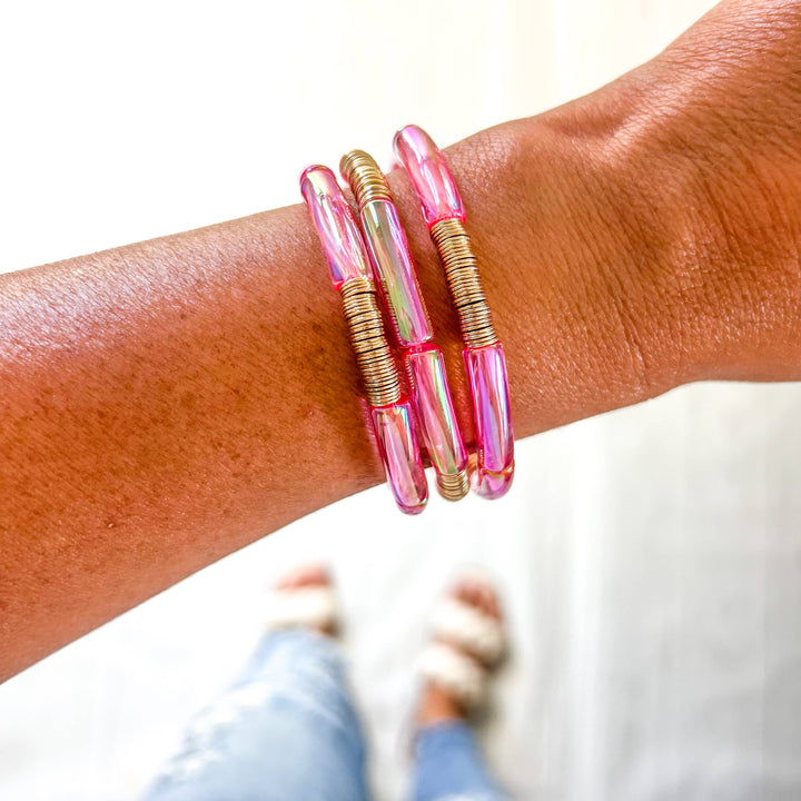 Metallic Clear Pink Tube Bamboo Bracelet