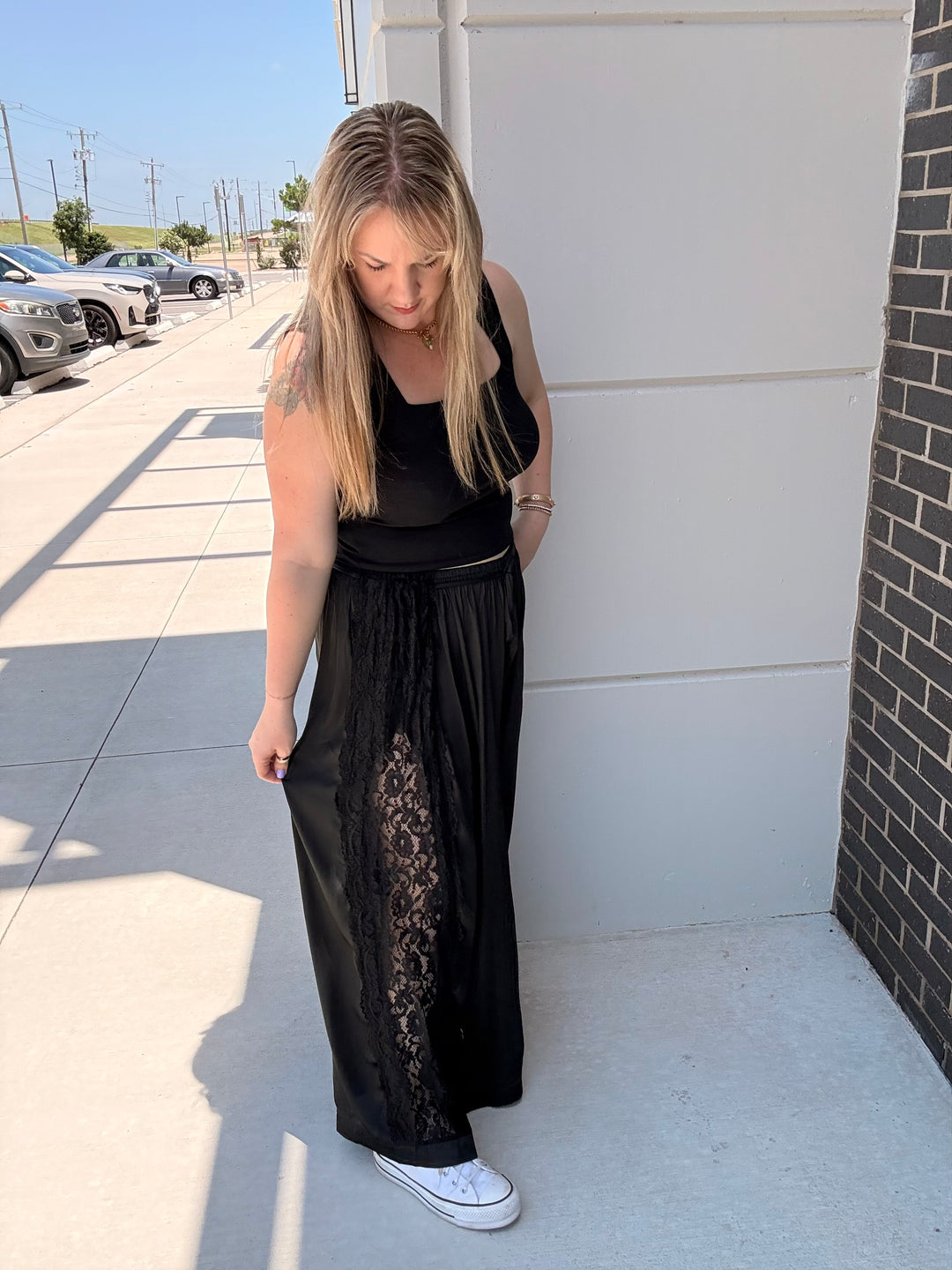 Boho Lace Trim Satin Wide Pants