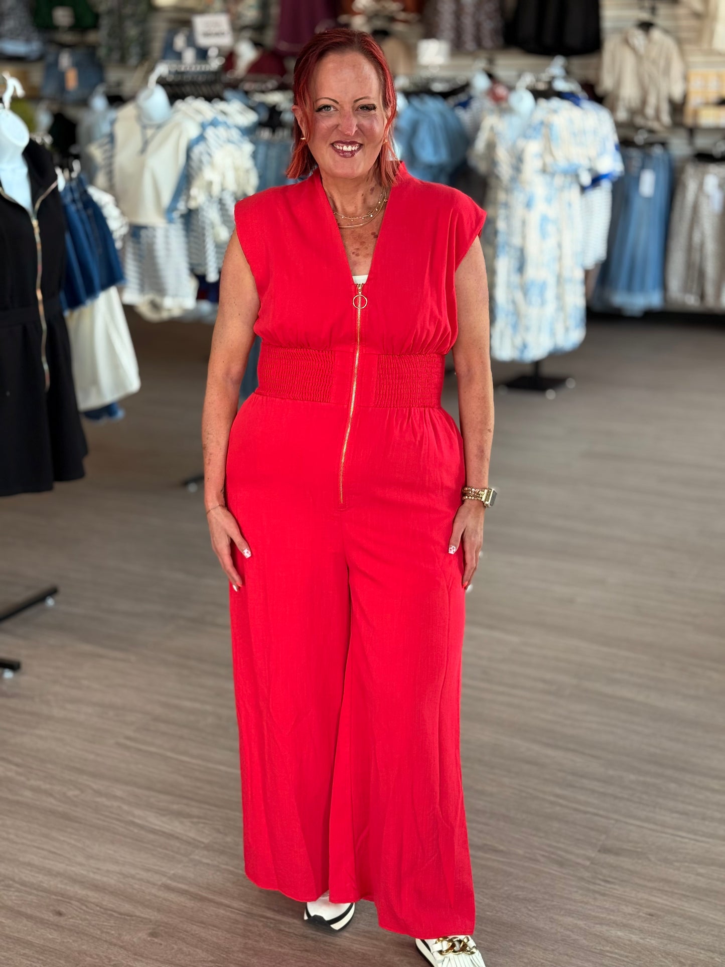 Red Zipper Down Jumpsuit
