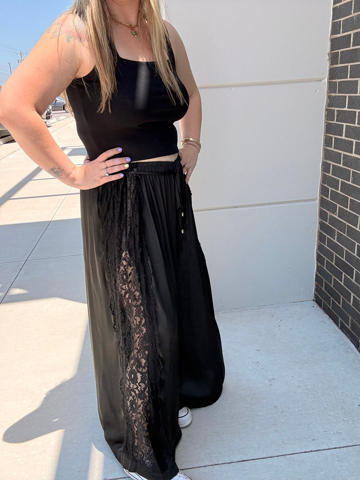 Boho Lace Trim Satin Wide Pants