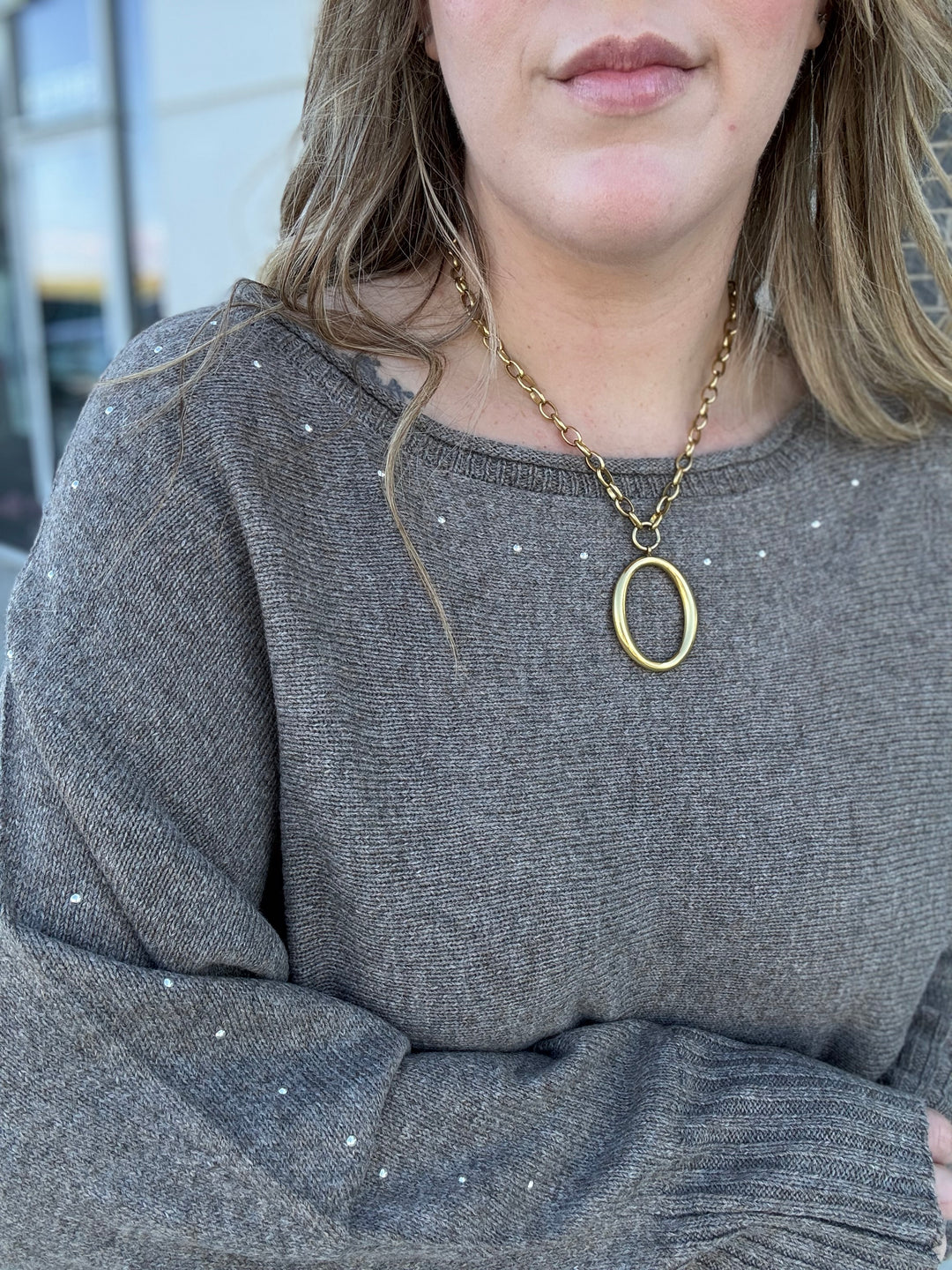 Taupe Wide Boat Neck Studded Sweater