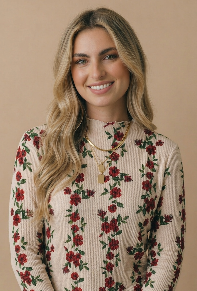 Mock Neck Floral Merrow Hem Rib Knit Top: TAUPE / S