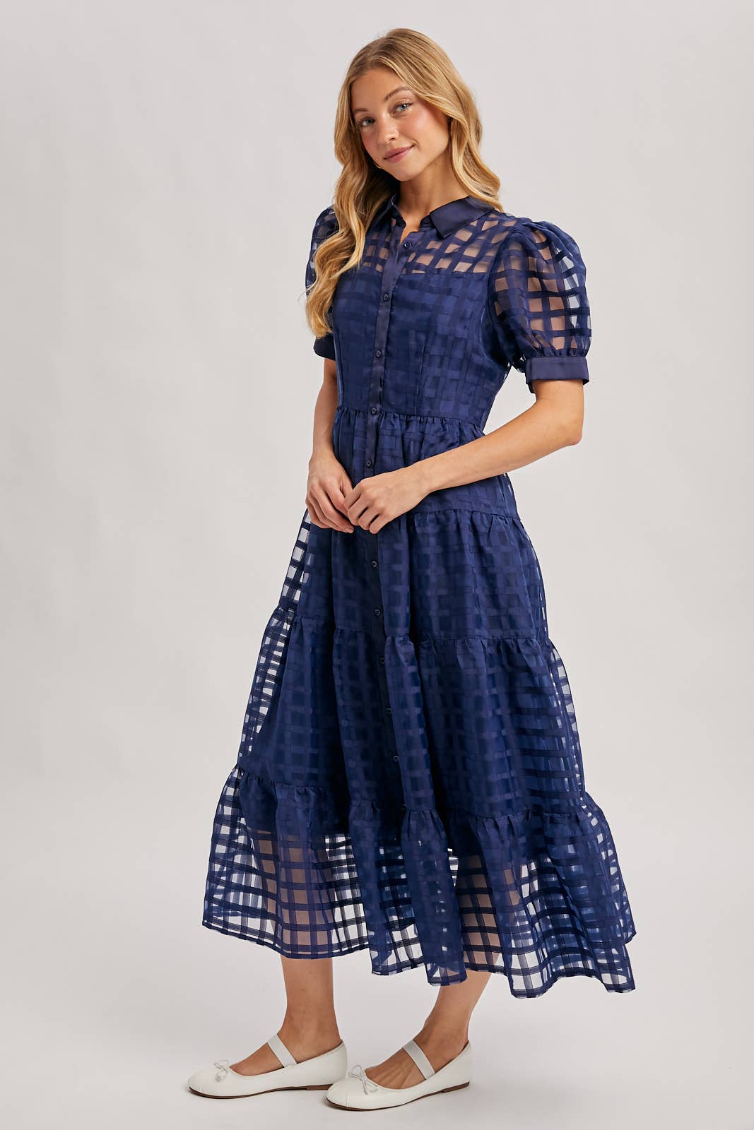 Navy Gridded Maxi Dress