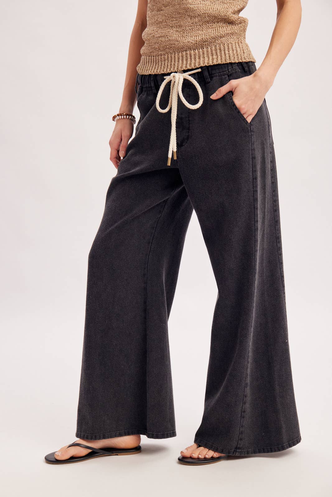 Black Washed Mid-Rise Flare Knit Pants