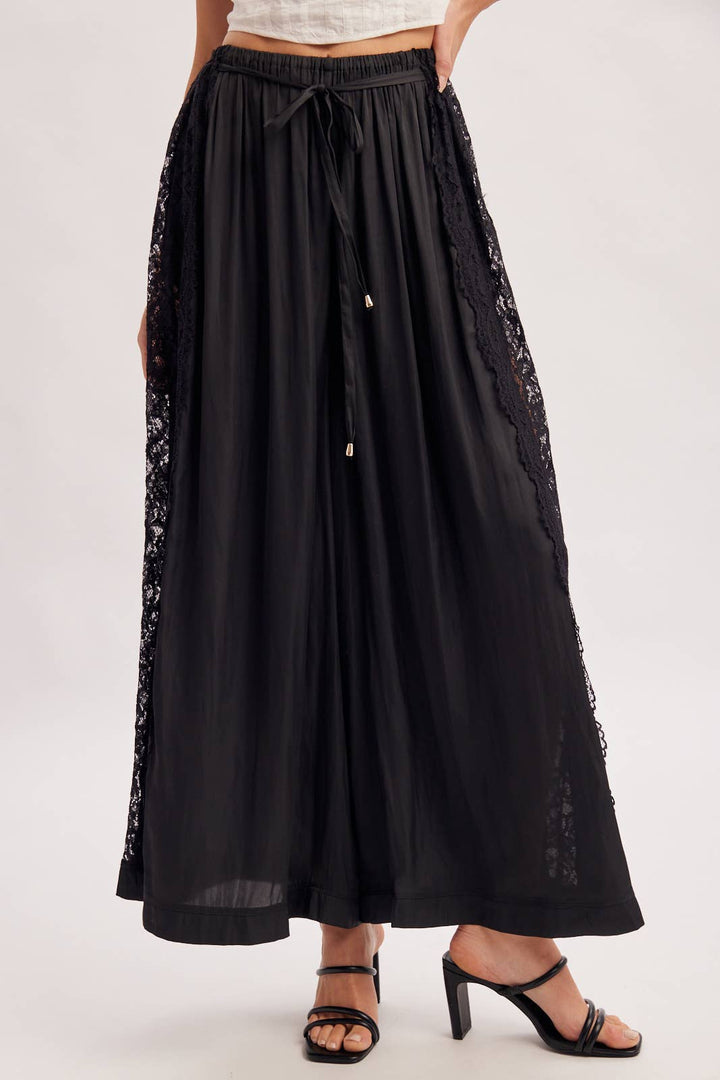 Boho Lace Trim Satin Wide Pants