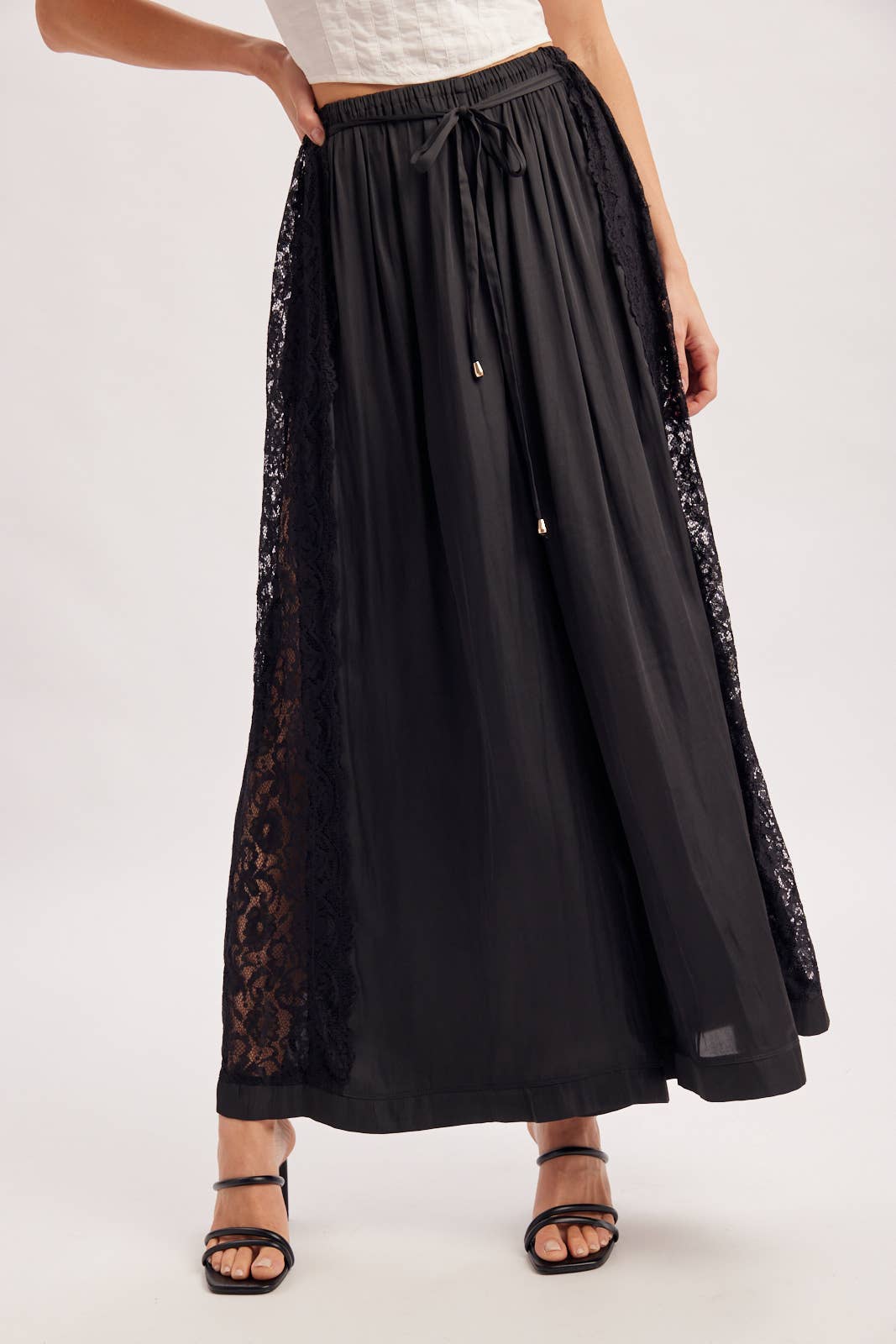 Boho Lace Trim Satin Wide Pants