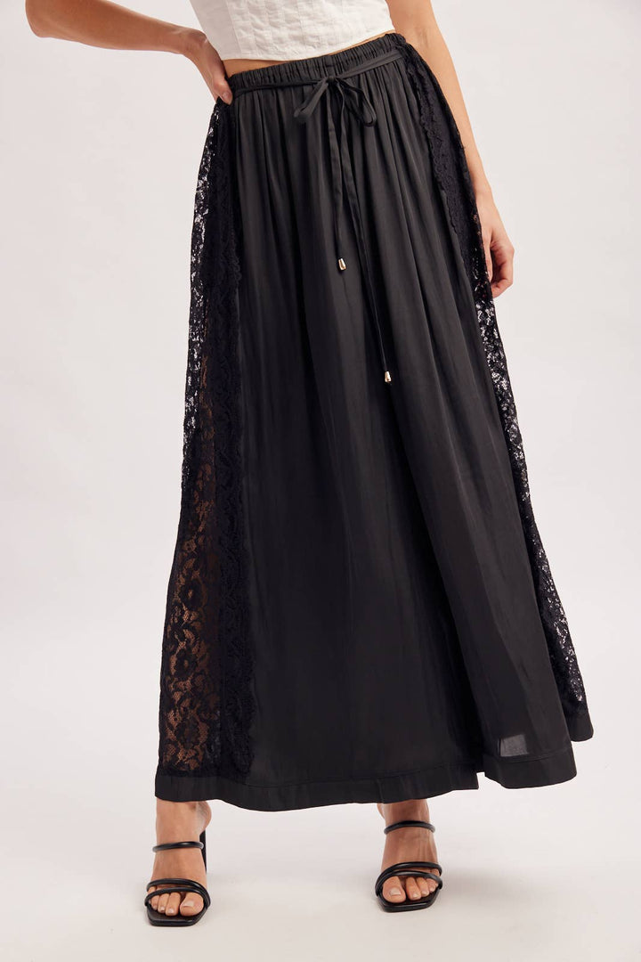Boho Lace Trim Satin Wide Pants