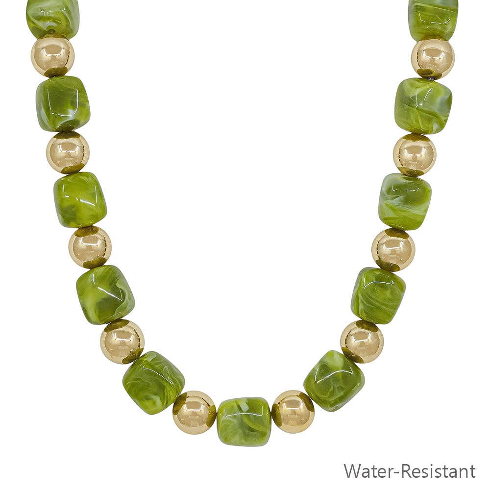 Water Resistant Gold and Olive Green Beaded Necklace