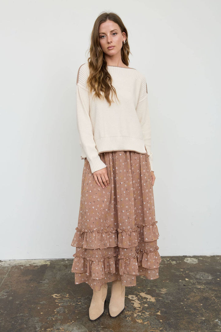 CONTRAST TRIM BOAT NECK RIBBED DETAIL KNIT SWEATER : MOCHA