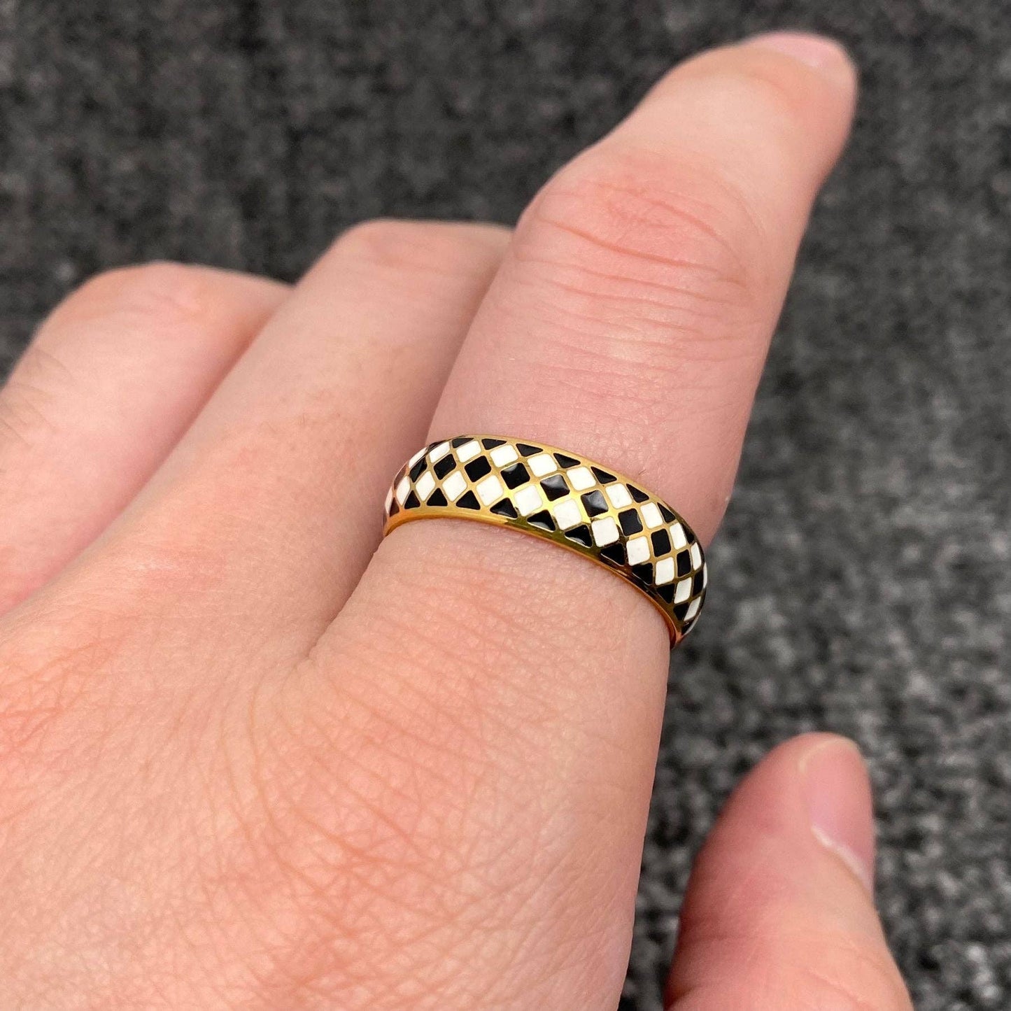 Enamel Black and White Grid 18K Gold Plated Ring