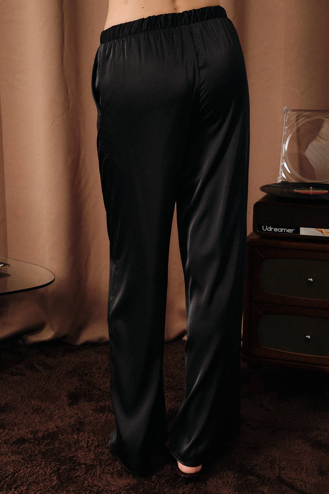 High Waist Drawstring Satin Wide Leg Pants: Burgundy / L