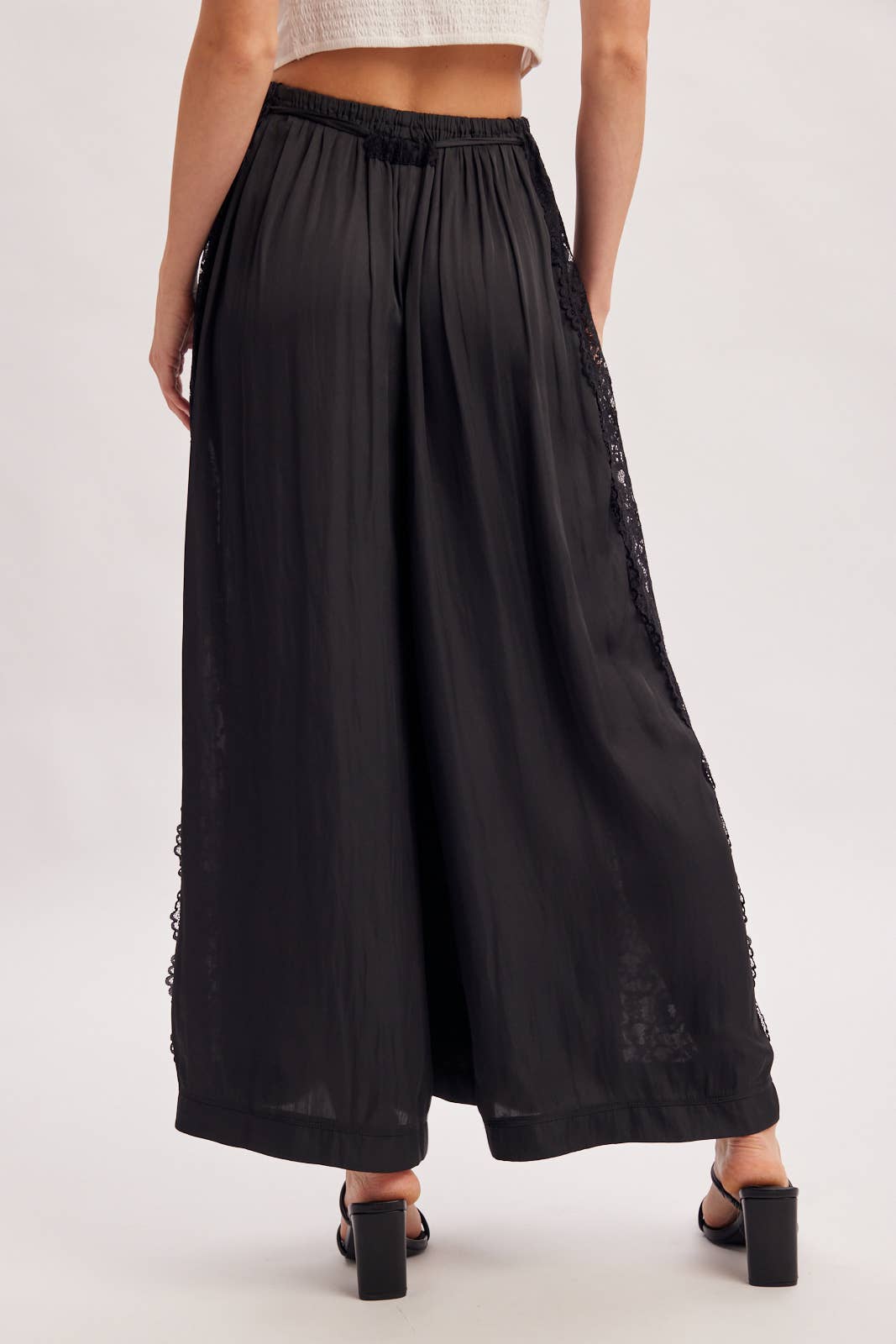 Boho Lace Trim Satin Wide Pants