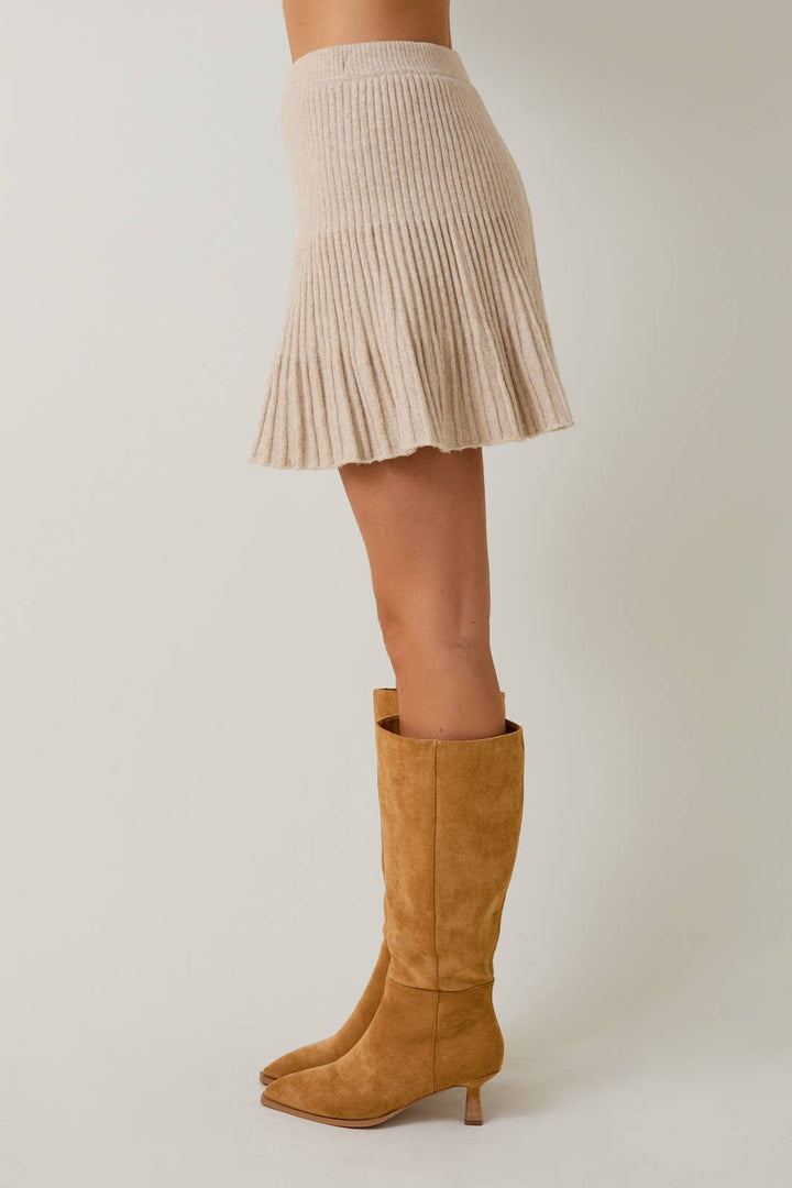 High Waist Ribbed Knit Flared Flounce Mini Skirt: OLIVE / M