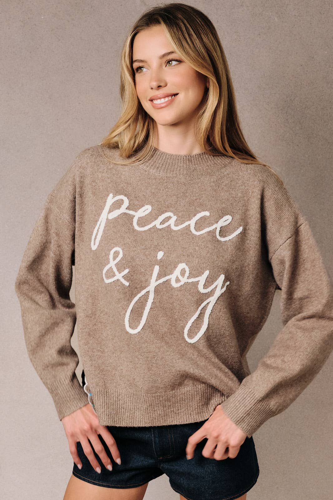 Mock Neck Long Sleeve Peace &amp; Joy Novelty Knit Sweater: MOCHA / S