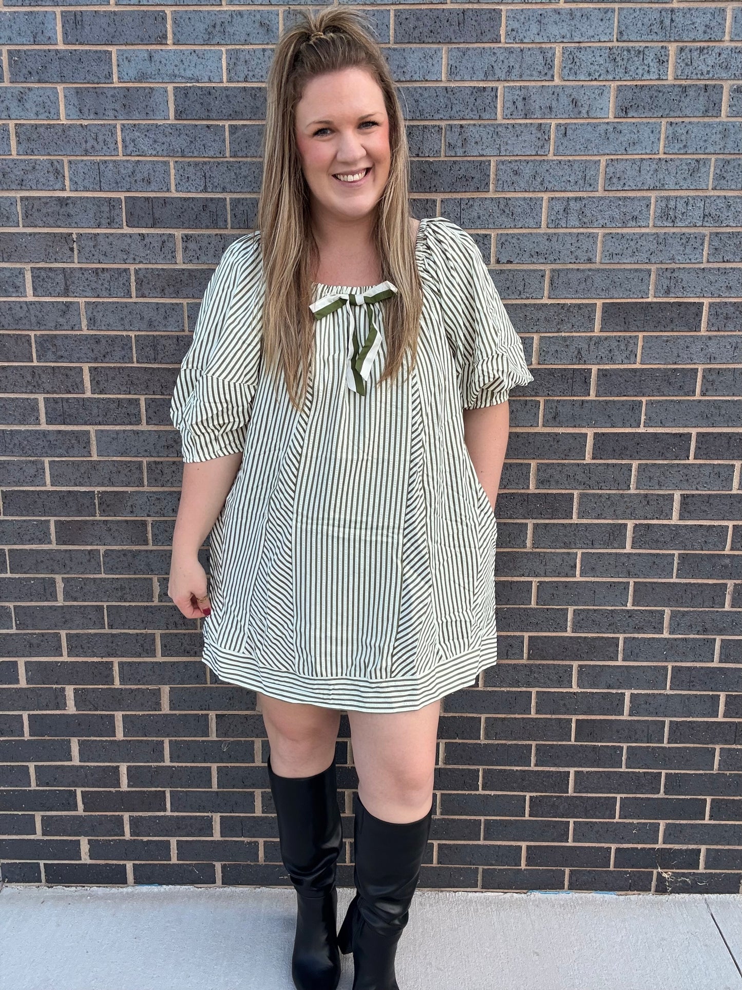 Striped Olive Dress with Front Bow