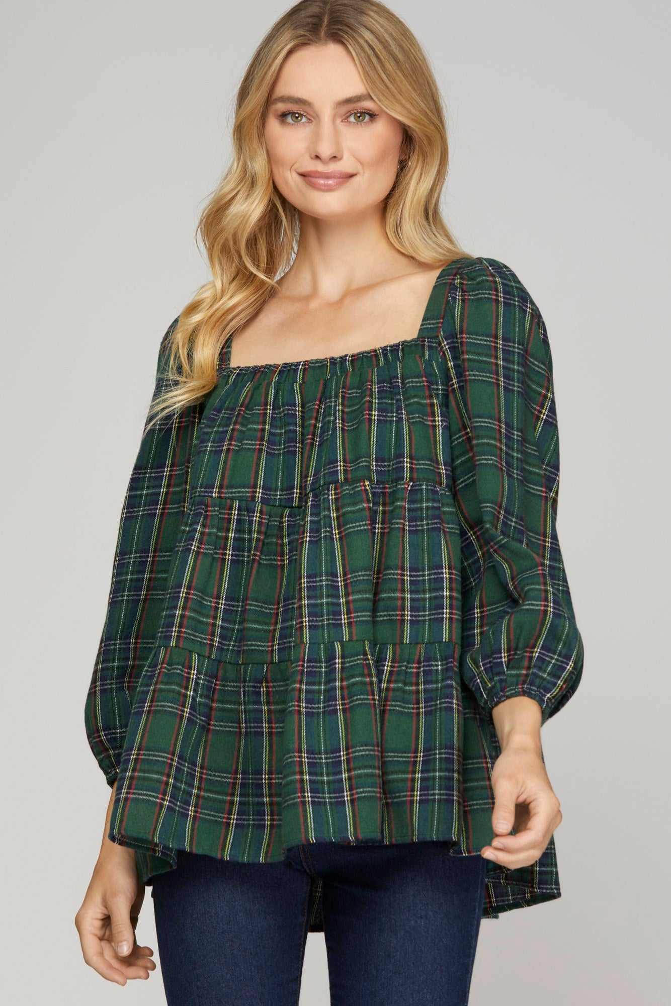 Green Plaid Square Neck Blouse