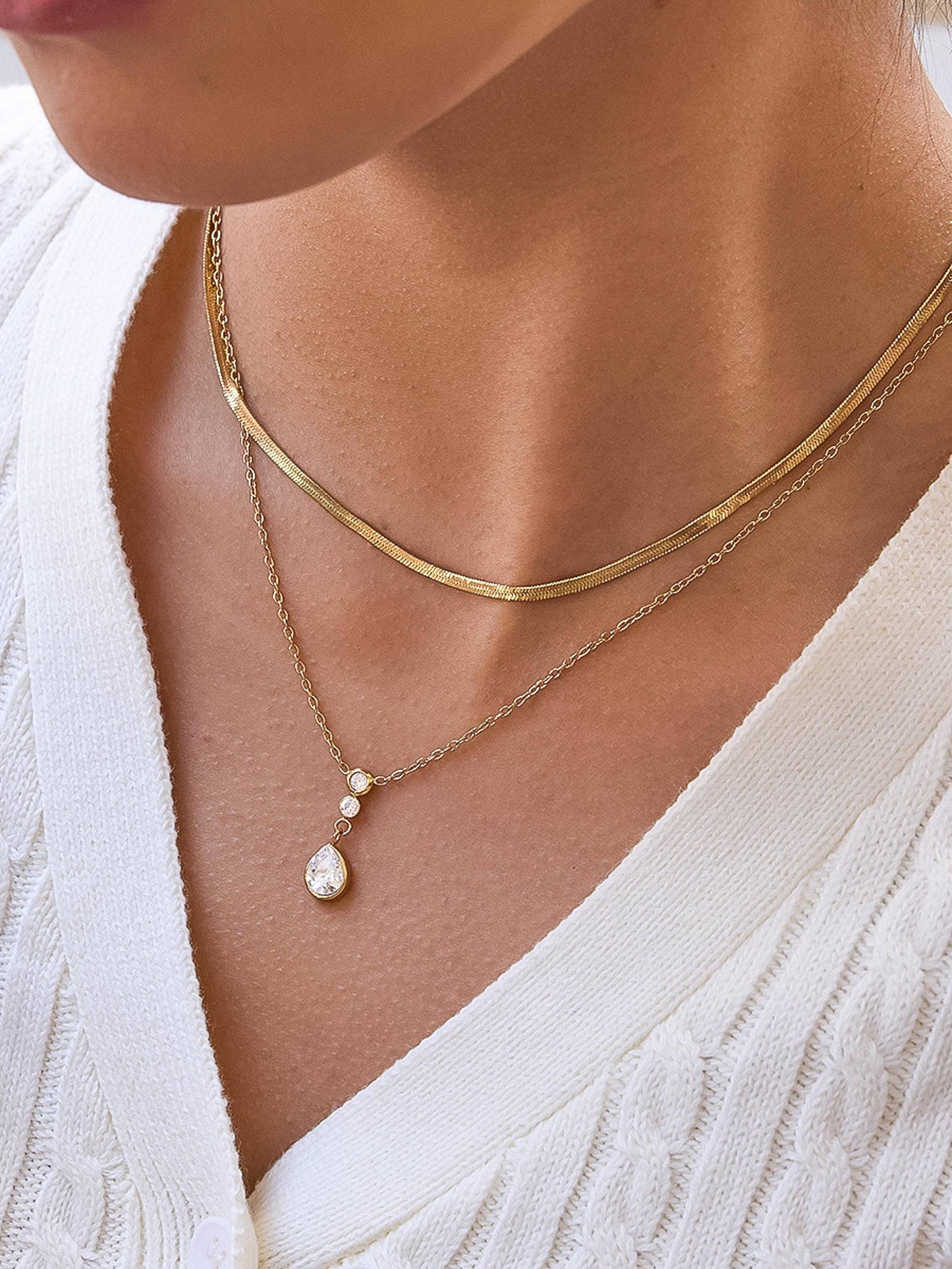 Dorielle 18K Gold Non-Tarnish Layered Teardrop Necklace: Yellow Gold