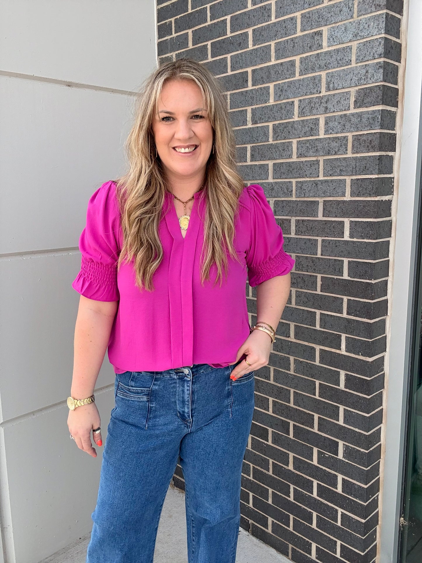 Magenta Smocked Sleeve Blouse