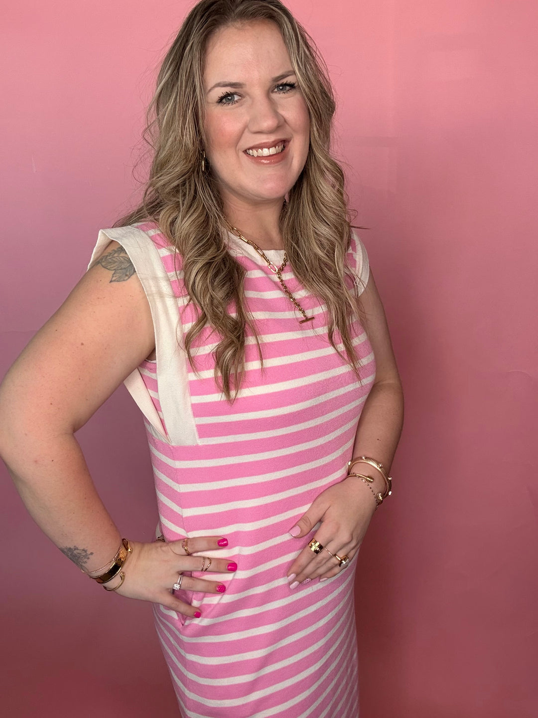 Pink Stripe Midi Dress with Cream