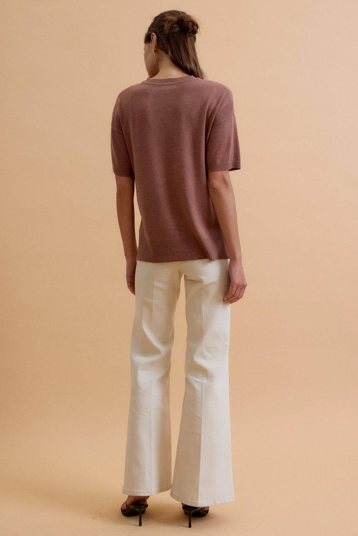 WOOL BLENED BOXY FIT SHORT SLEEVE SWEATER TOP : OATMEAL / L