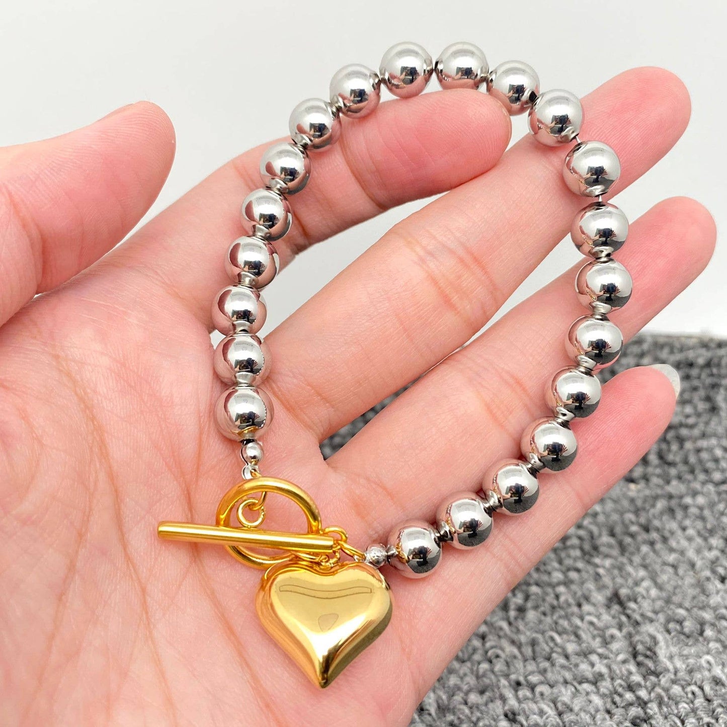 FGS- 18K Gold Plated Heart Charm Steel Color Beaded Bracelet