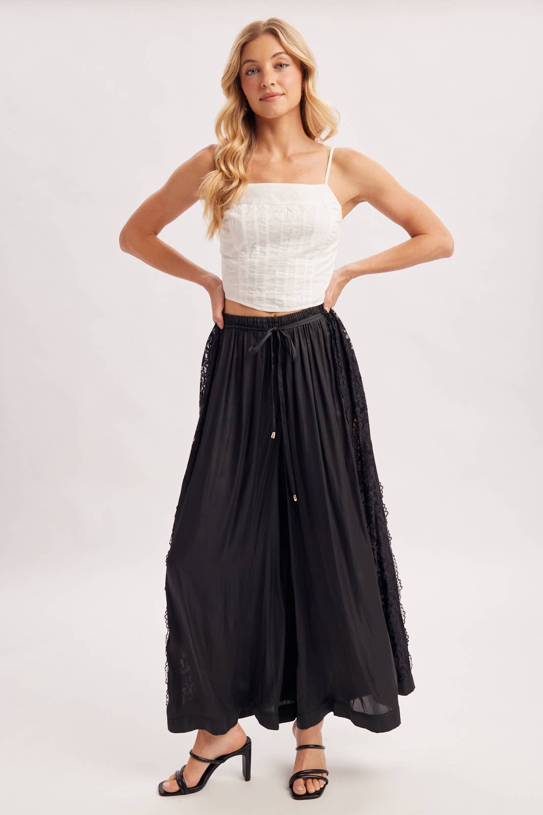 Boho Lace Trim Satin Wide Pants