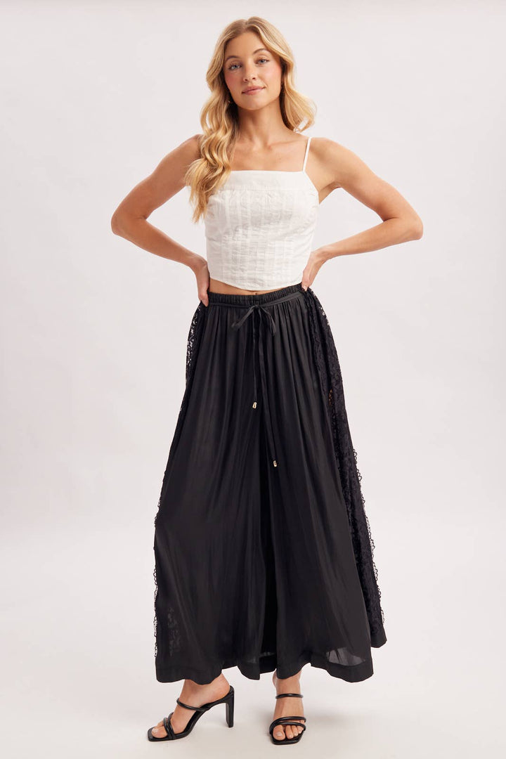 Boho Lace Trim Satin Wide Pants