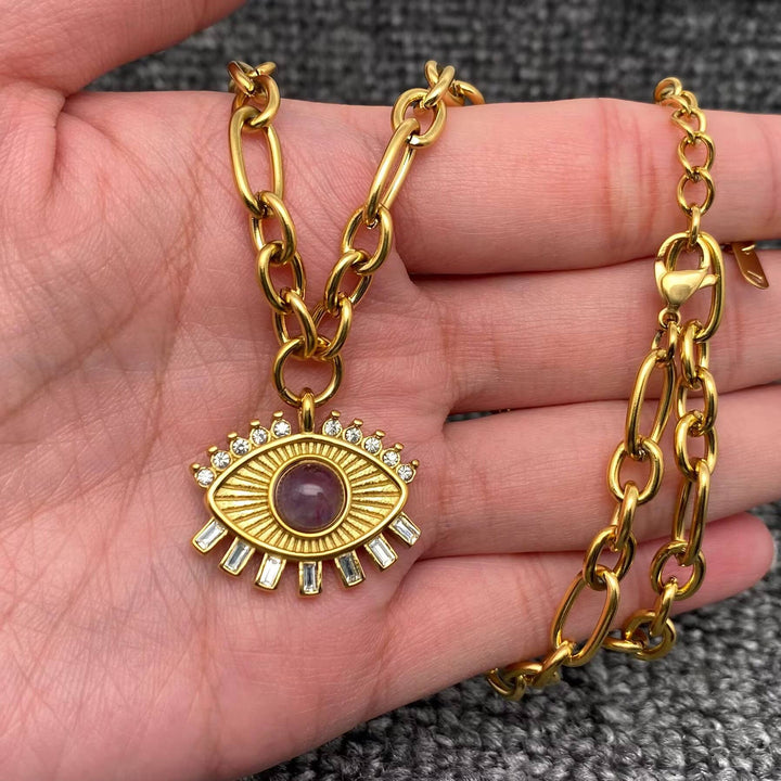 Amethyst &amp; CZ Evil Eye Charm 18K Golden Necklace
