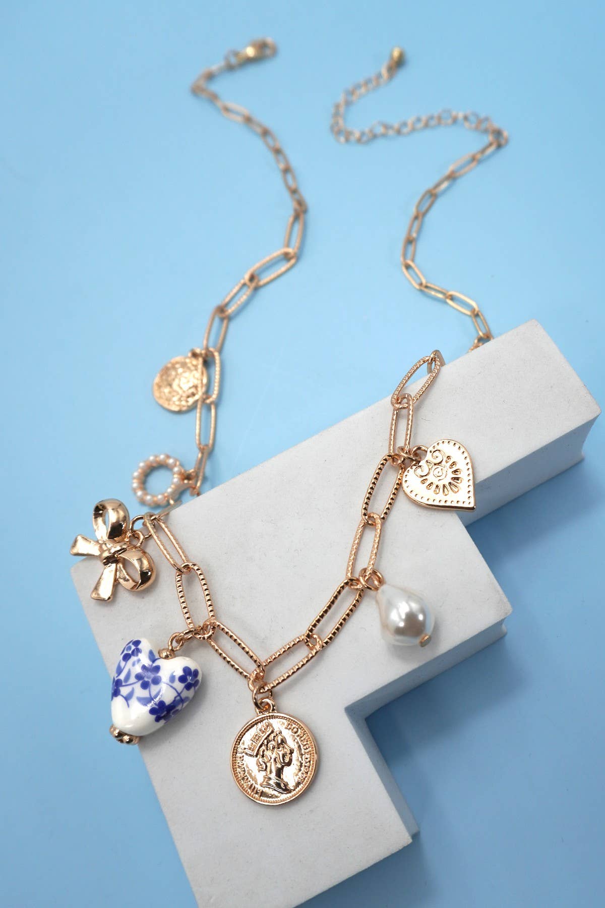 Blue Porcelain Heart & Bow Charm Necklace