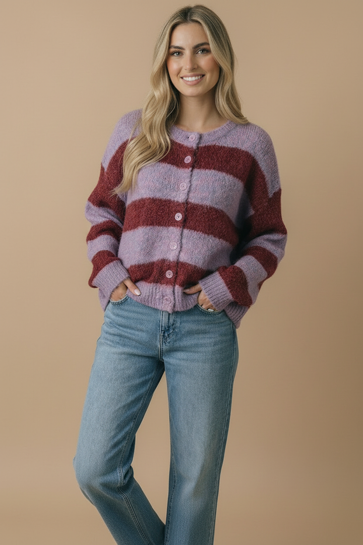 Fluffy Stripe Cardigan: Burgundy/Lavender