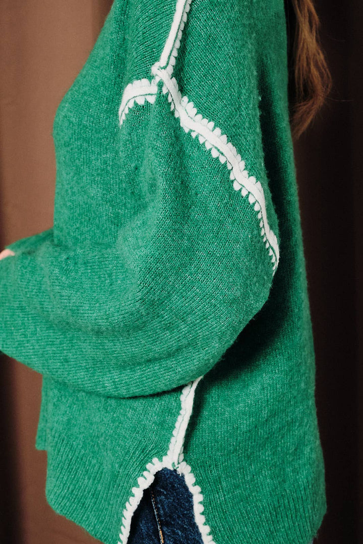 Contrast Blanket Stitch Long Sleeve Knit Sweater: GREEN-CREAM / S