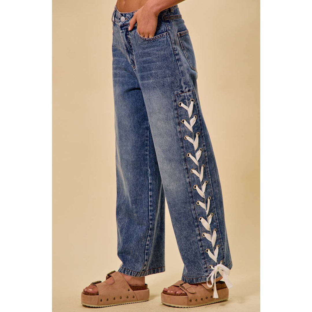 Mid Rise Straight Lace Up Jeans