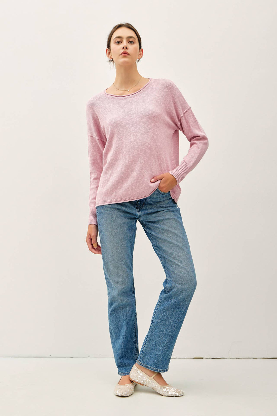 DROP SHOULDER SLUB PULLOVER SWEATER: Matcha / SM