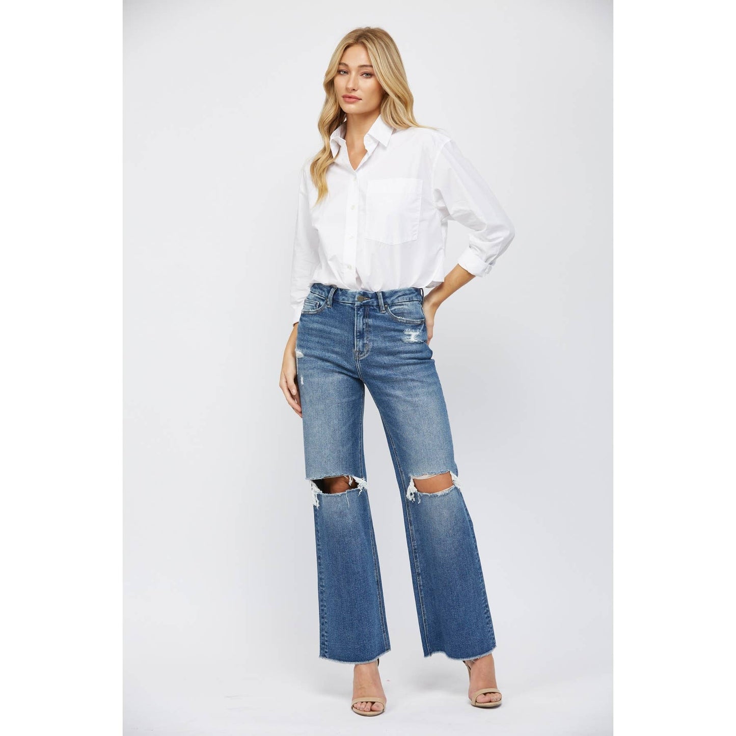 High Waist Distressed Knee Flare Mica Jeans