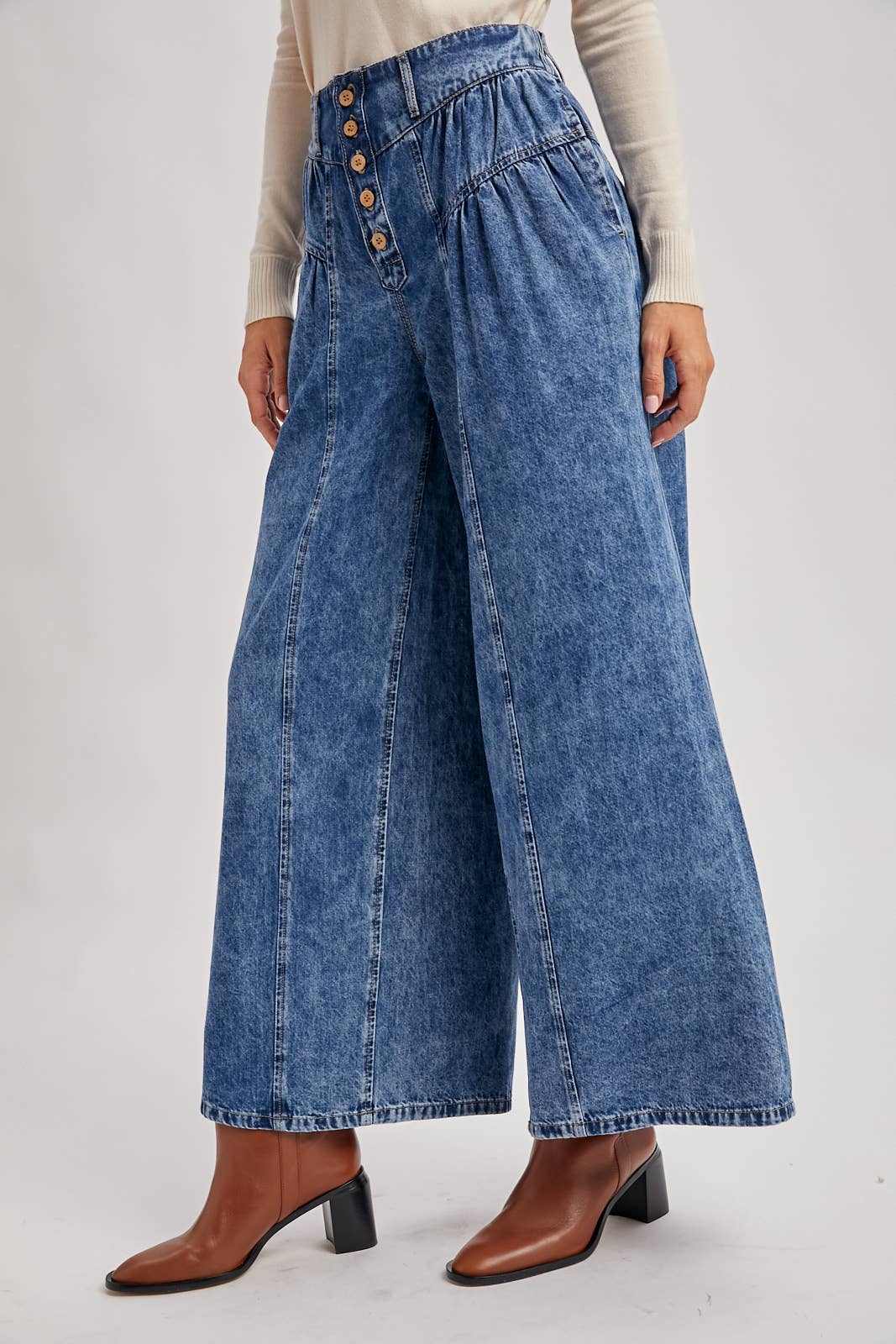 Retro Pleated Denim Wide Leg Jeans