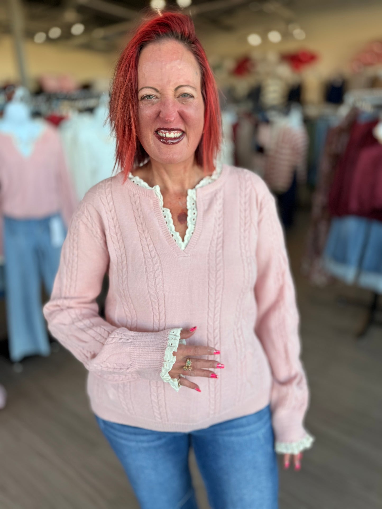 Blush Cable Knit w/Lace Trim Sweater