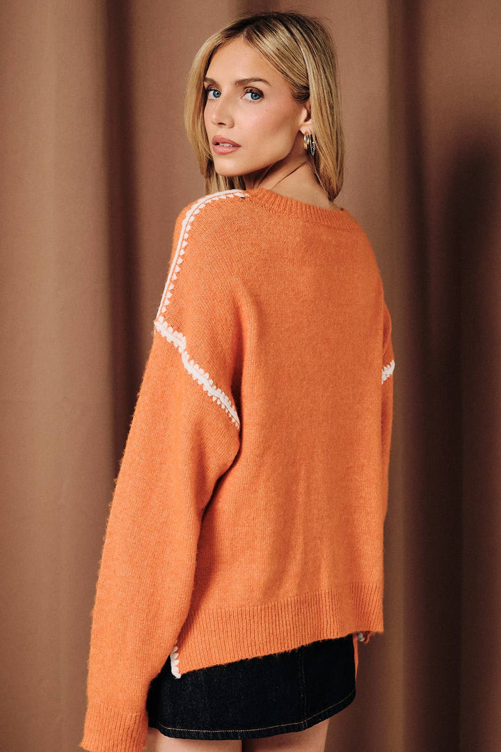 Contrast Blanket Stitch Long Sleeve Knit Sweater: GREEN-CREAM / M