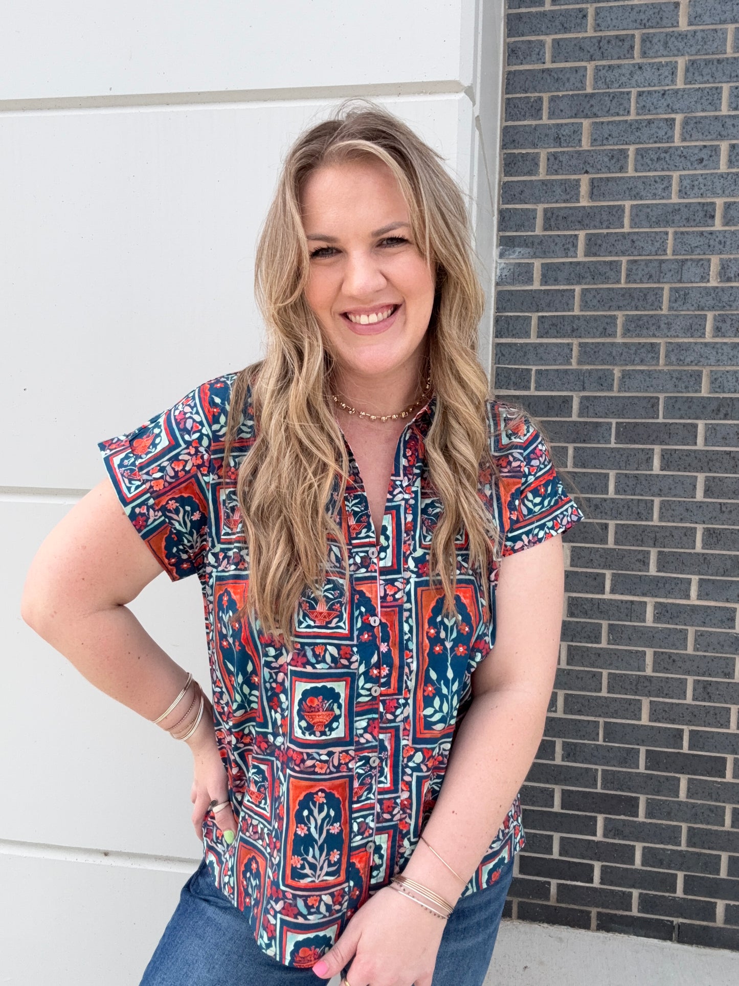 Navy Botanical Vacation Blouse