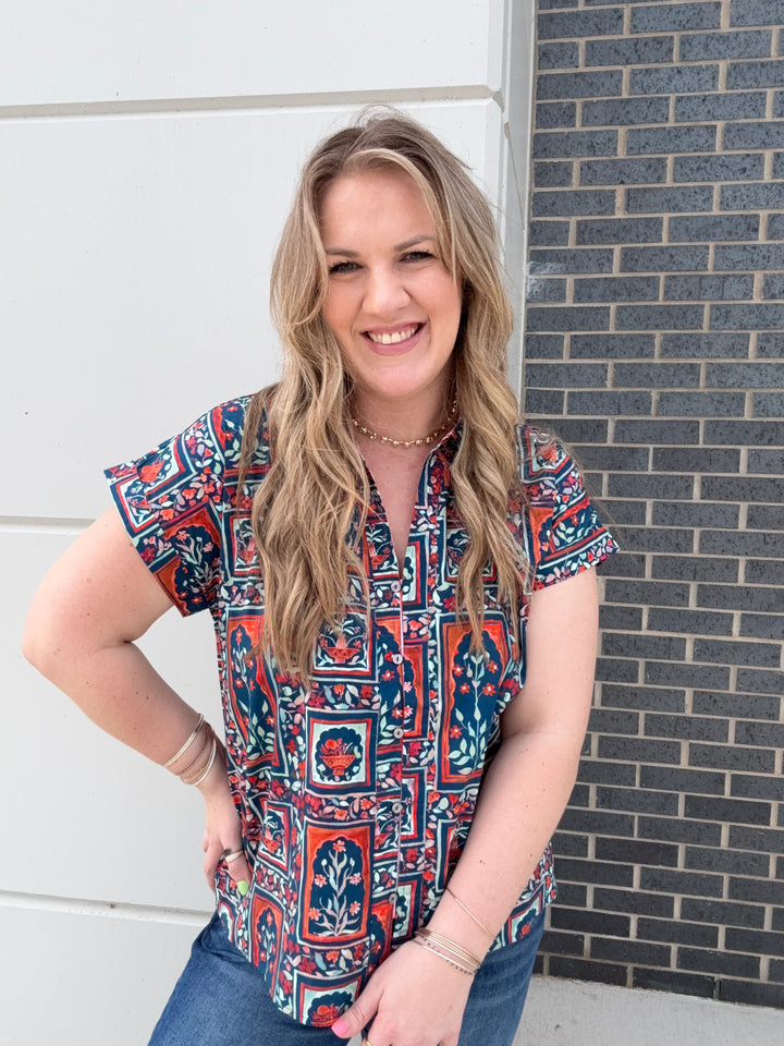 Navy Botanical Vacation Blouse