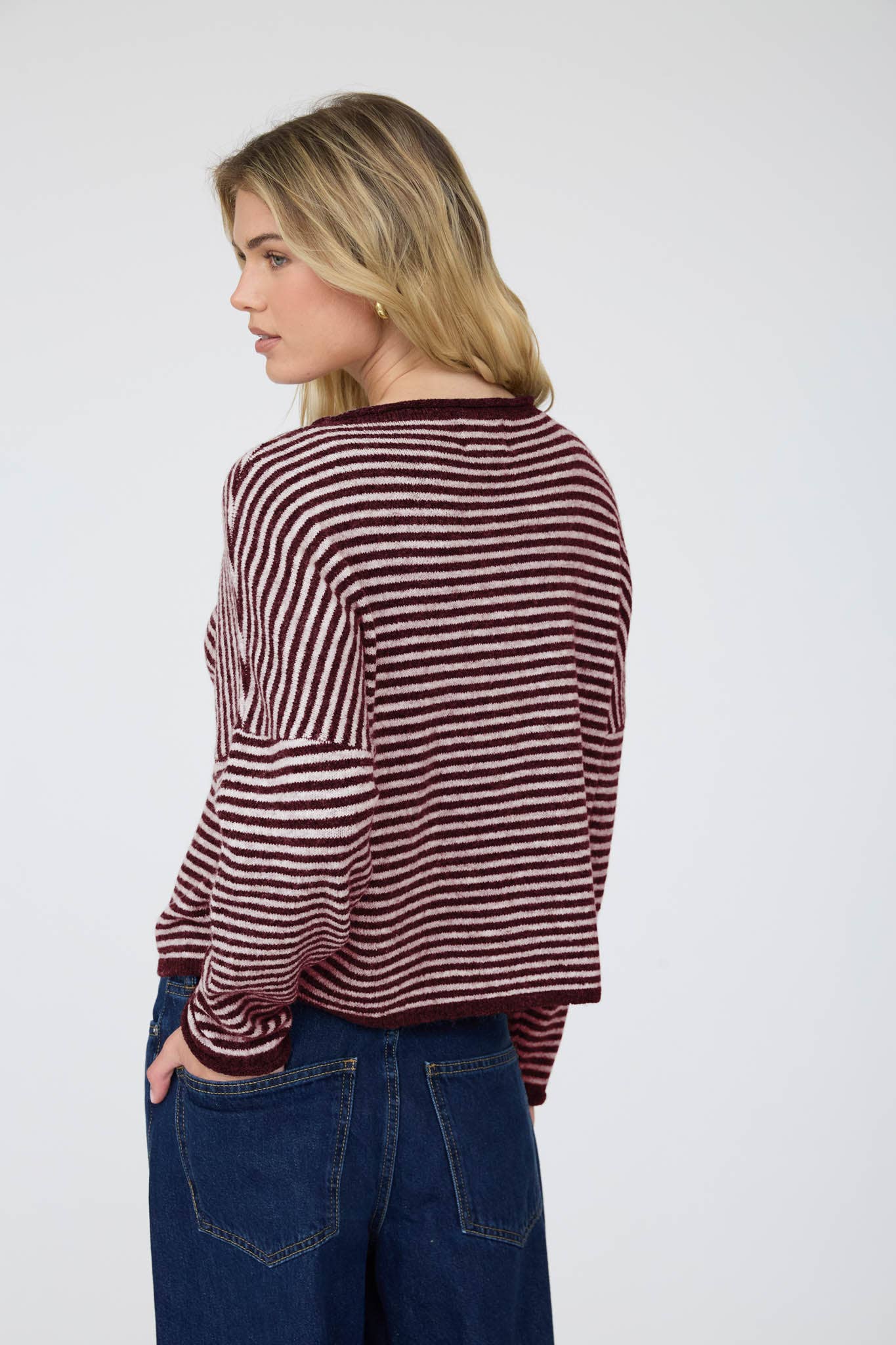 STRIPE RAW EDGE DROP SHOULDER KNIT CARDIGAN : BURGUNDY
