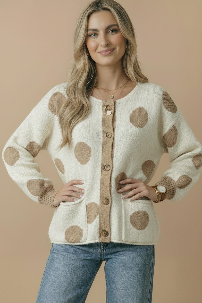Button Down Polka Dot Jacquard Cardigan: BRUNETTE / L