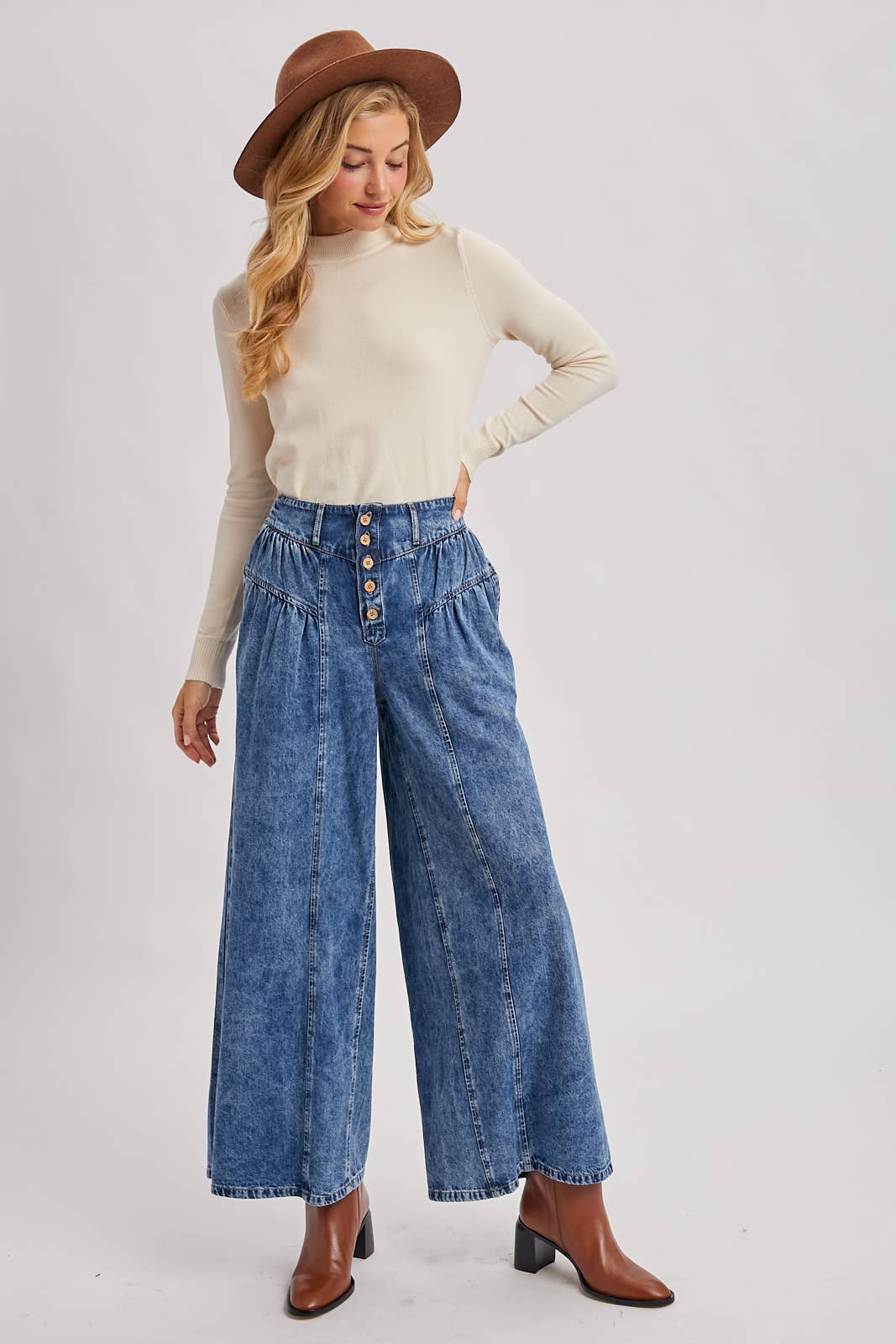 Retro Pleated Denim Wide Leg Jeans