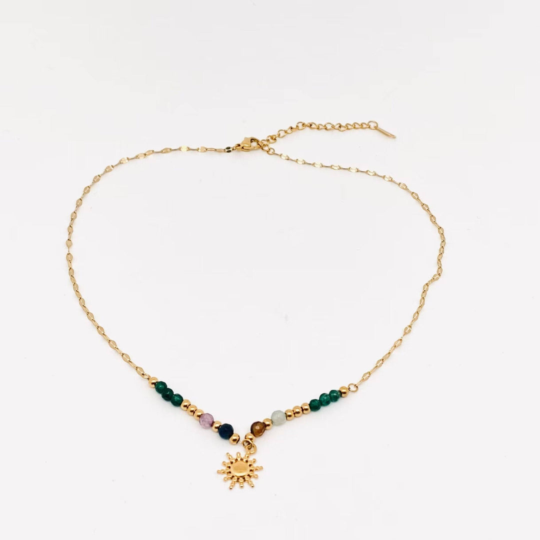 Stone Beads 18 K Gold Plated  Sun Pendant Necklace