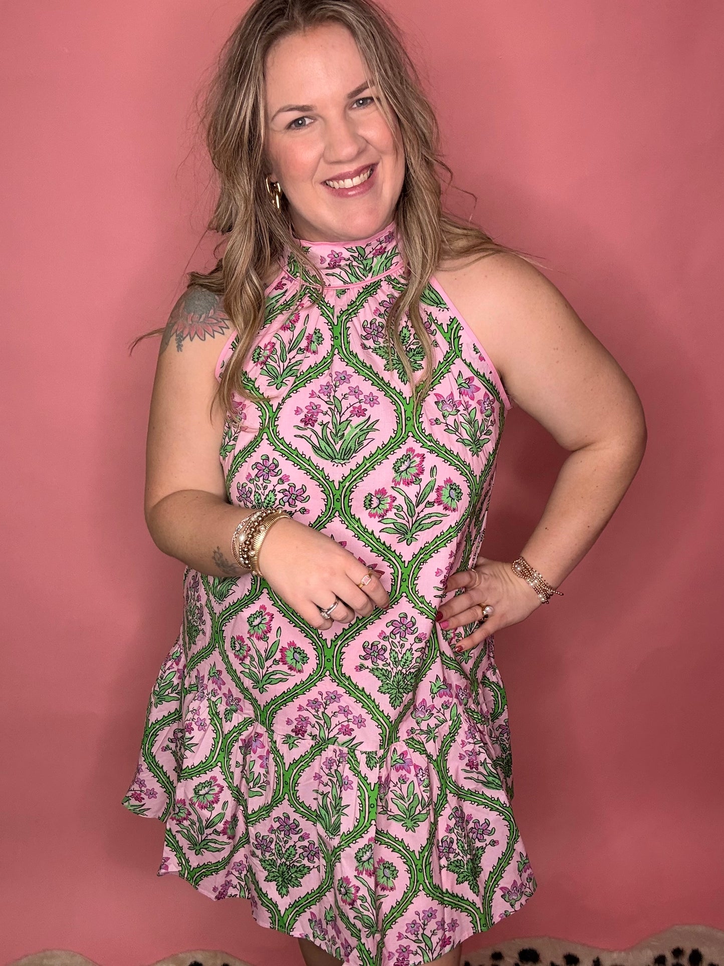 Pink Floral Dreams Halter Dress