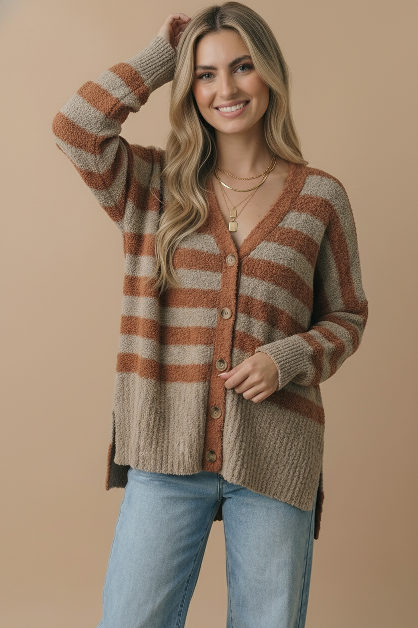 V Neck Stripe Popcorn Oversized Fit Cardigan: BROWN/SLATE BLUE / L