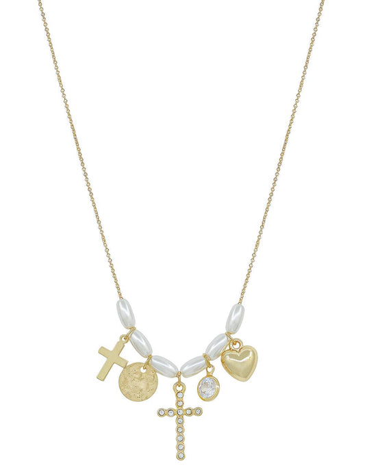 Oval Pearl Beaded with Heart, Pearl Cross, and Cross Charm Necklace