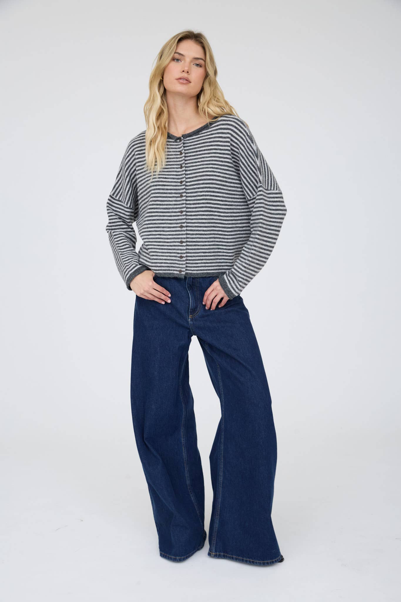 STRIPE RAW EDGE DROP SHOULDER KNIT CARDIGAN : BURGUNDY