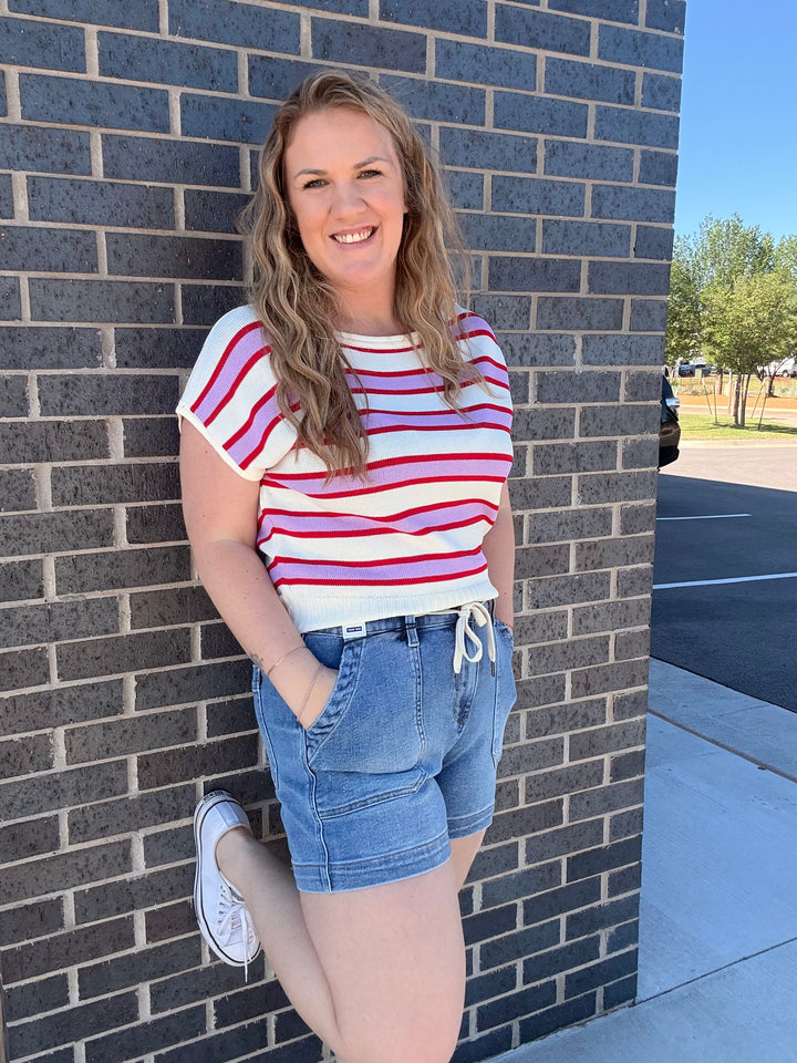 Cream, Pink, Red Stripe Knit Top