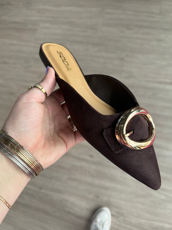 Jamie Brown Suede Buckle Mules