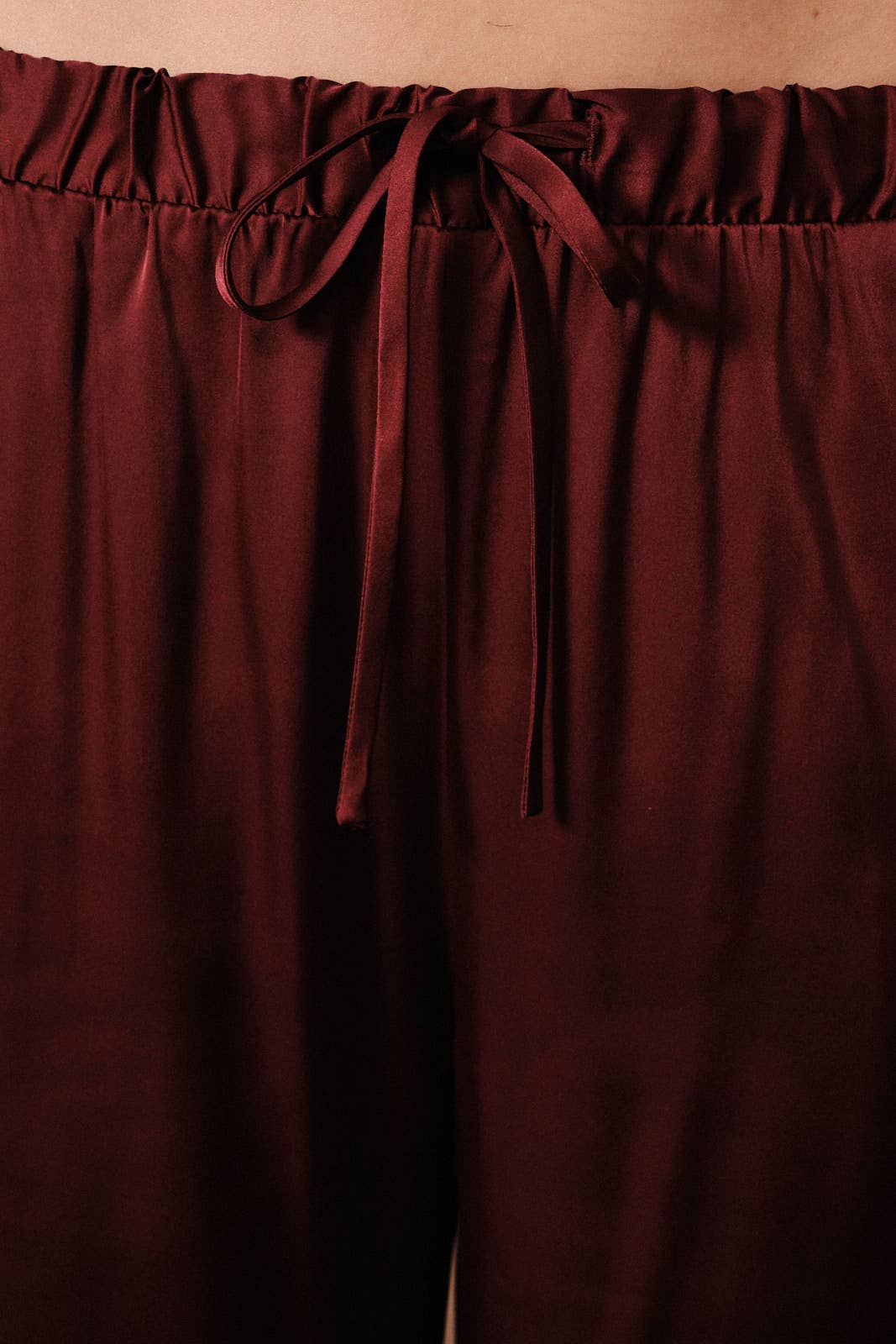 High Waist Drawstring Satin Wide Leg Pants: Burgundy / L